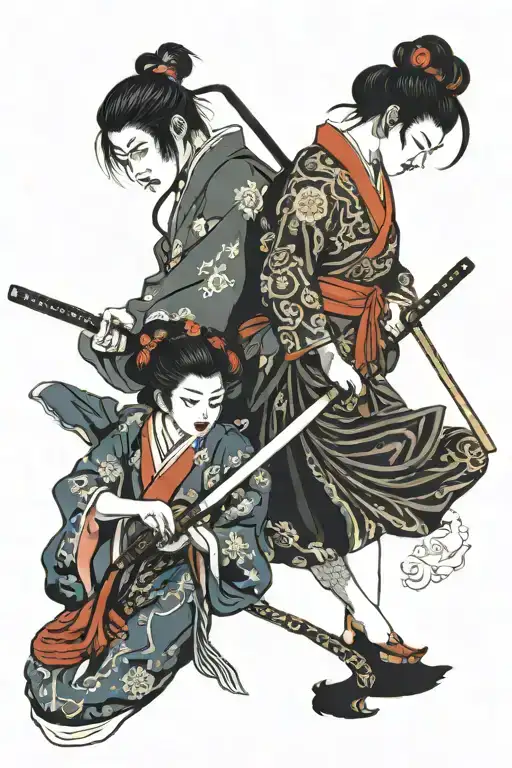 Serpant And Geisha Holding A Katana