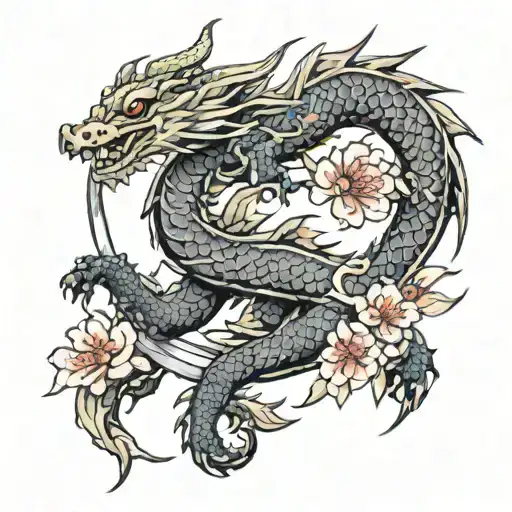 Sakura Tree Leaves And Katana Dragon