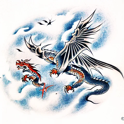 Dragon Fighting With A Saker Falcon Into The Skies