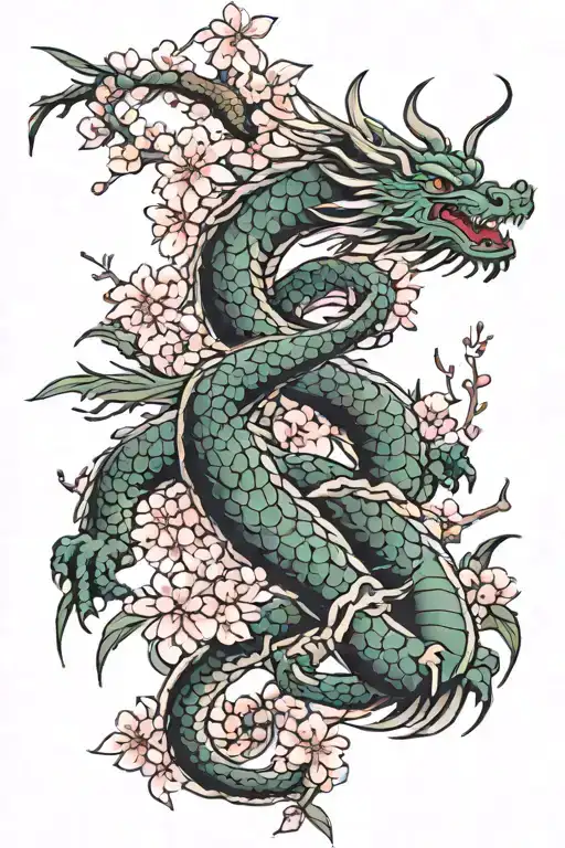 Katana Dragon With Sakura Tree Leaves And Some Japanese Motifs