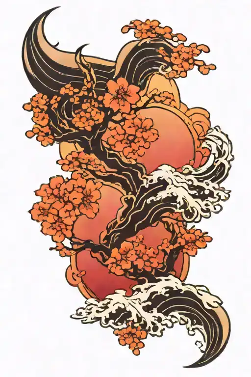 Waves And Sakura At Sunset