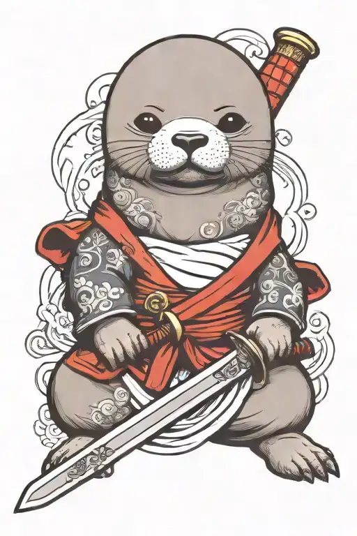 Baby Seal Holding A Samurai Sword With Arua Around Him