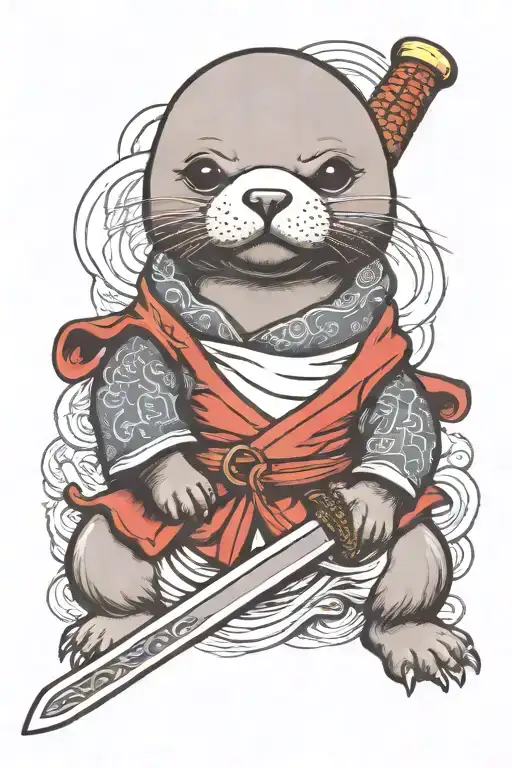 Baby Seal As A Samurai Warior With Samurai Sword