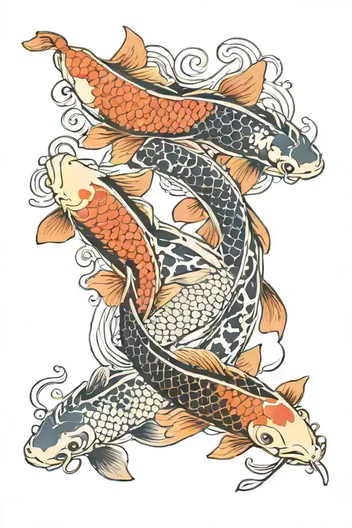 Three Koi Fish Swimming Around Chinese Character Surrounded