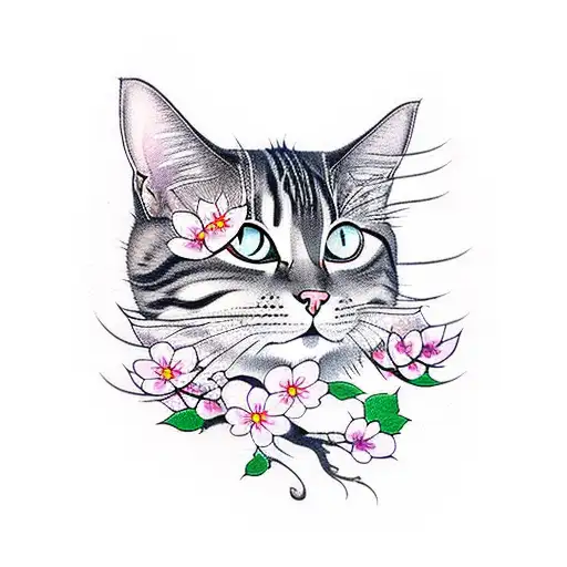 A Mystical Cat Surrounded By Cherry Blossoms In A Traditional Japanese Tattoo Style