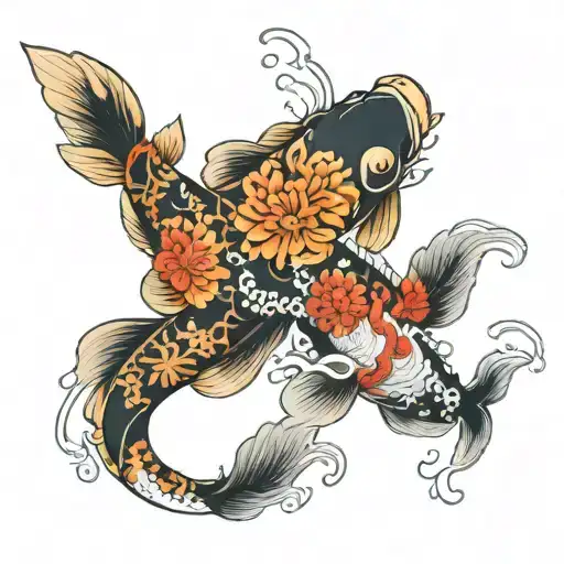 Three Koi Fish Swimming Around Chinese Character Surrounded