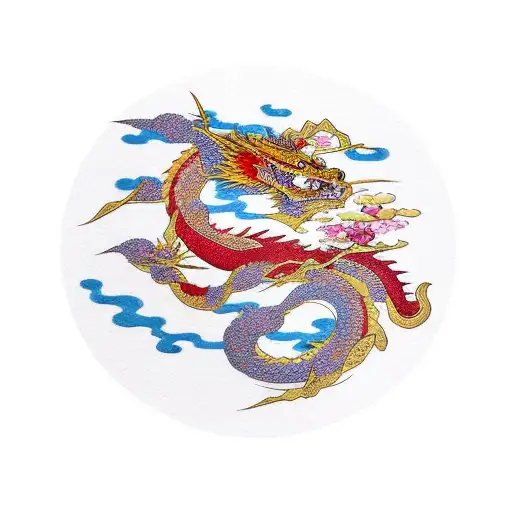 Dragon With Cherry Blossoms Red And Gold