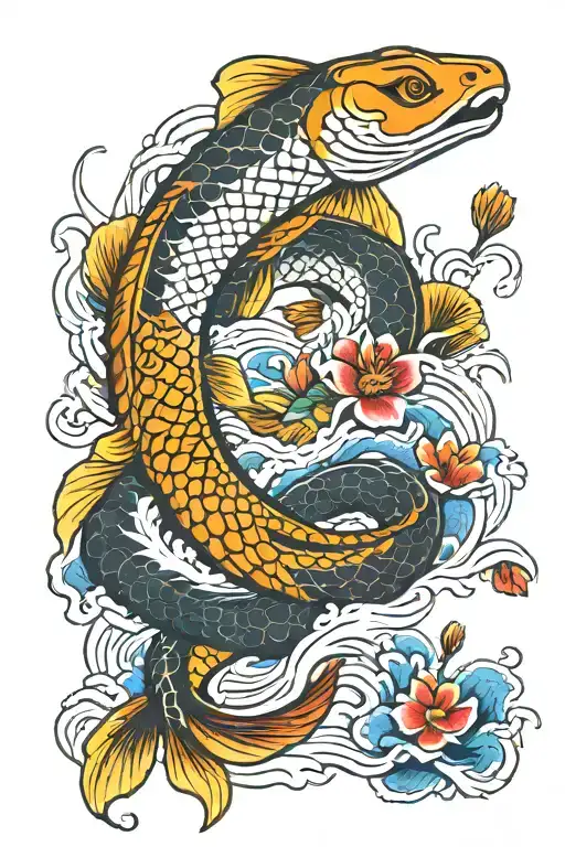 Snake And Koi Fish Swimming Upstream
