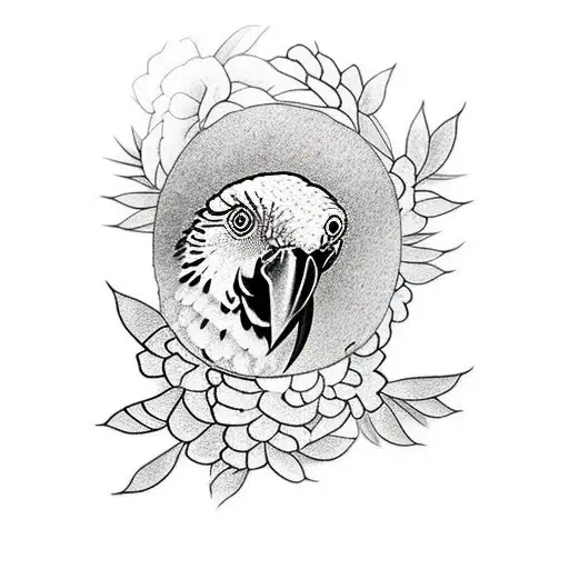 Black And White Parrot With Flowers Around