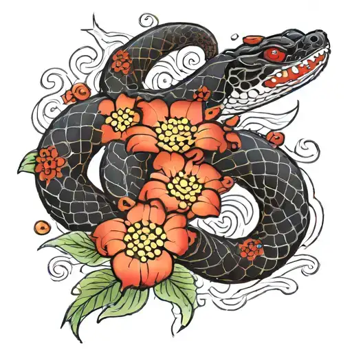 Black Snake With Red Flowers Wrapped Around The Flowers