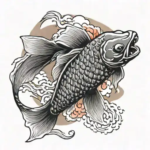 A Black And Grey Japanese Koi Fish Swimming In A Pond With Watercolor Accents