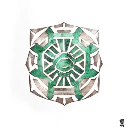 Turtle Shell With Green And Brown Shades In The Shape Of A Hexagon Shield On The Elbow