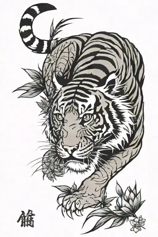 Japanese Style Tiger With Bamboo Around It