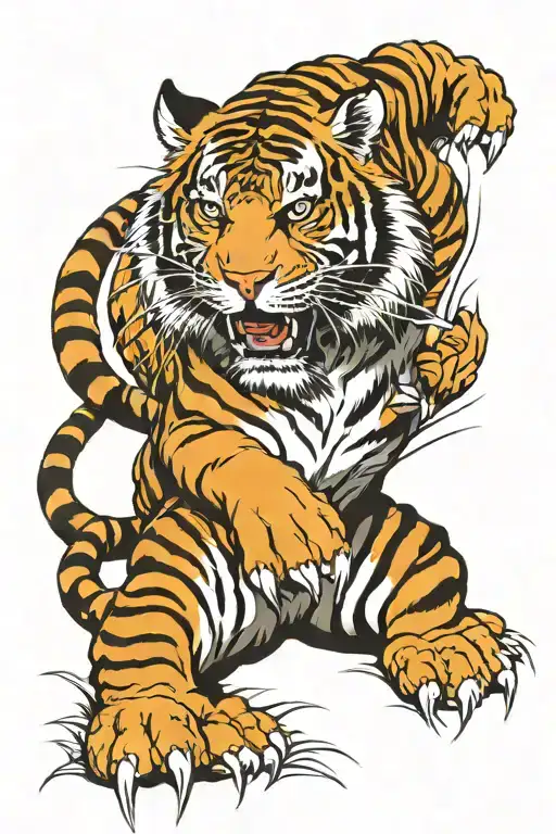 Tiger Full Body With Bamboo And Wind Bars Around It