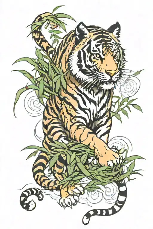 Tiger Full Body With Bamboo And Wind Around It