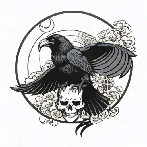 Raven Carrying A White Hanya Mask With A Moon In The Background