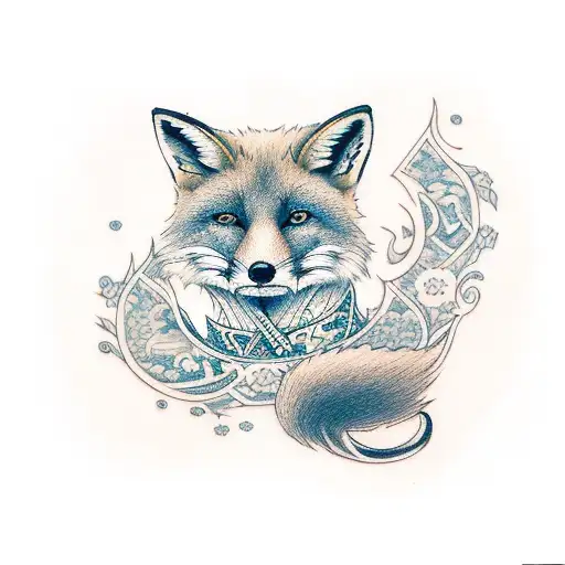 Fox Sitting Up With Tail On Its Right Side With One Blue Eye And One Red Eye