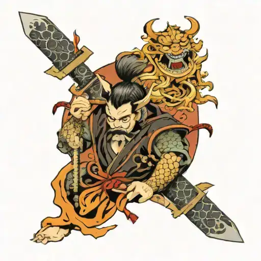 Samurai Demons With Temple Behind Him