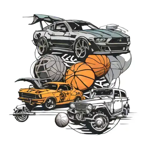 A Collage Of Different Classic And Modern Cars Intertwined With Basketballs