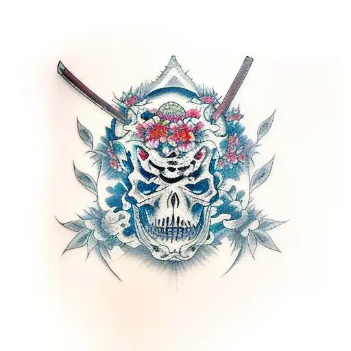 Katana Con Calaveras Incrustadas Y Hojas De Cerezo Alrededor