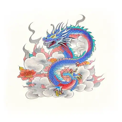 Fire Breathing Colorful Dragon With Japanese Flowers