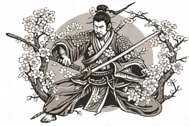 Samurai In Sakura Branches With A Sword