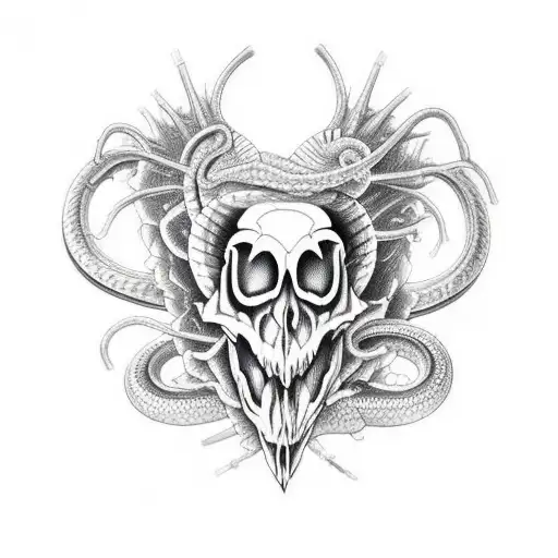 Snake Skull Heart Broken Holding A Hreat Blood Pattrens Black And Wihte