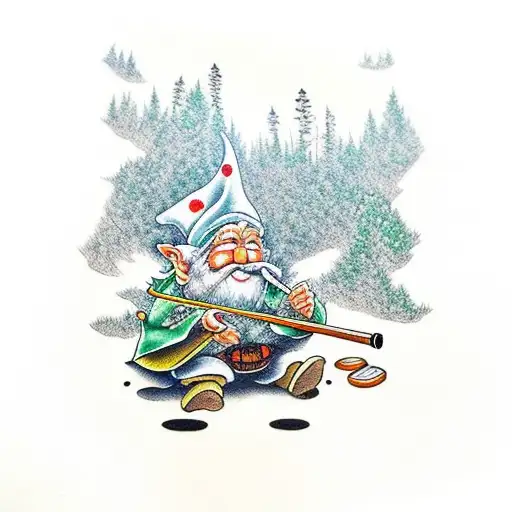 Gnome Smoking A Pipe Made Of Pine Tree In The Forest