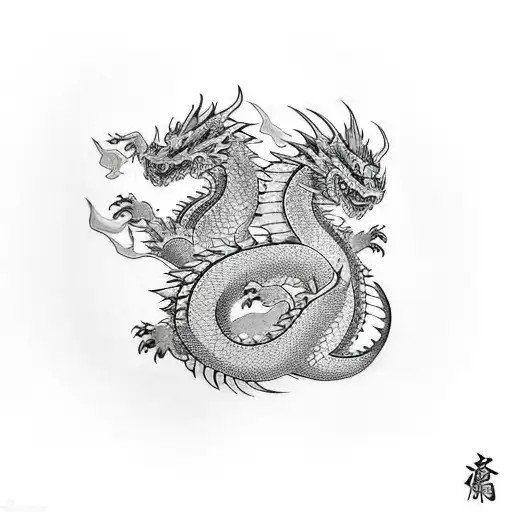 Two Vertical Dragons Vertically Interrwined Black And White