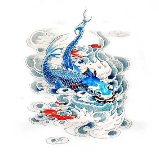 Blue Dragon Koi Swimming Up A Waterfall With A Black Dragon At The Top