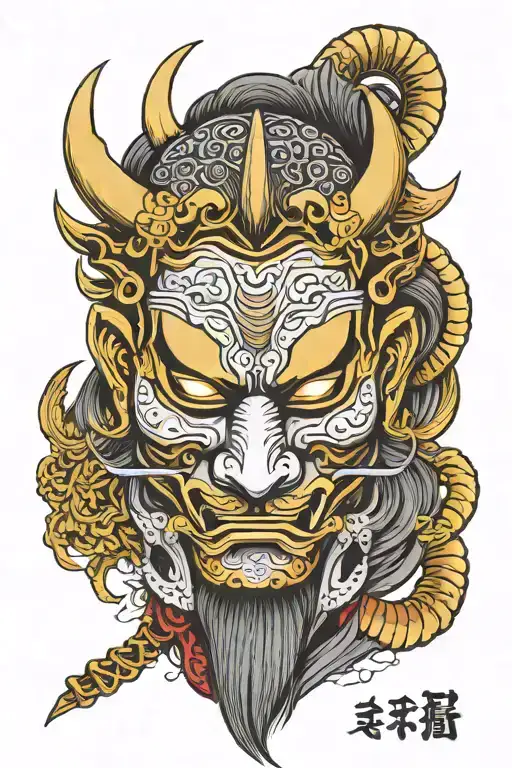 Half Hanya Mask Samurai And Half Aries Face Outline With A Crack