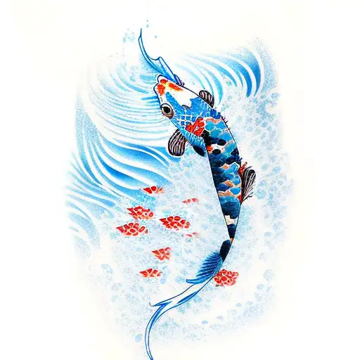 Blue Koi Swimming Up A Waterfall