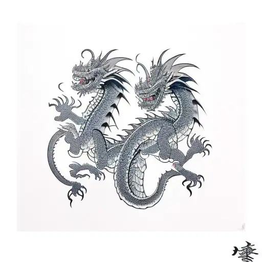 Two Vertical Dragons Vertically Interrwined Black And White