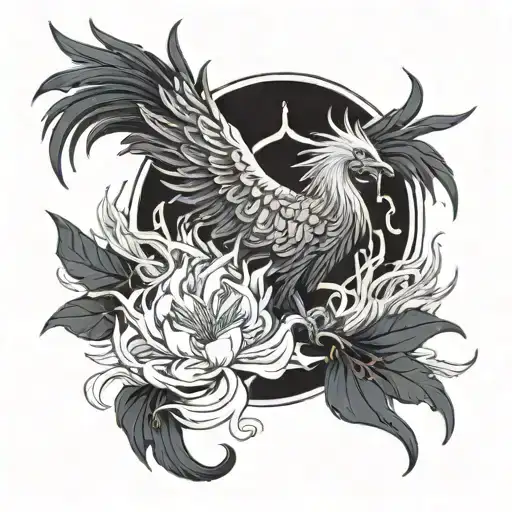 Fire Phoenix Surrounded By Spider Lilies On Fire