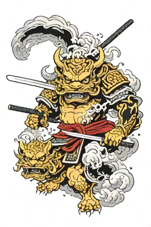 Samurai Katana Protecting Komainu Statue Surrounded By Smokes In Air