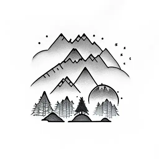 Mountains With Silhouettes Of Trees Growing From A Rock In A Diamond Shaped Window