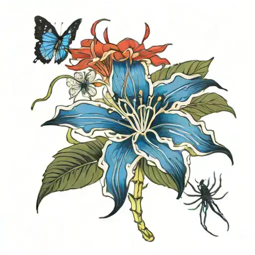 Red Spider Lily Flower With Centipede And Blue Spider Lily Flower With Butterflies