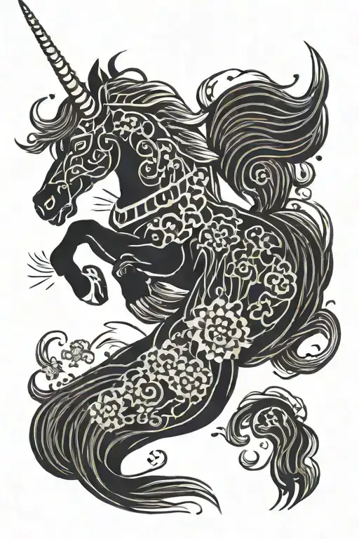 Ancient Japanese Tattoo With Asian Unicorn And Letter Board