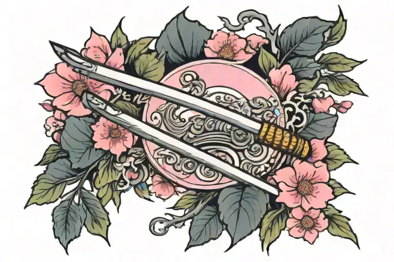 Katana In A Pink Flower Petal With Leaves Around It