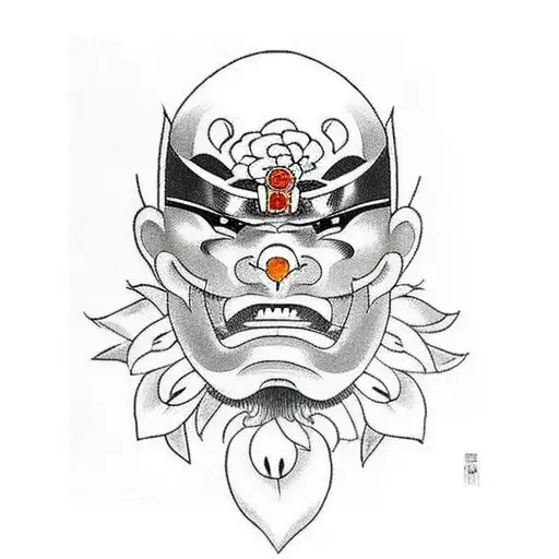 Samurai Mask Looking Down On Flowers