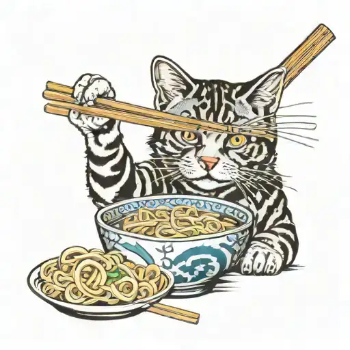 Cat Eating Ramen Noodles With Chopsticks