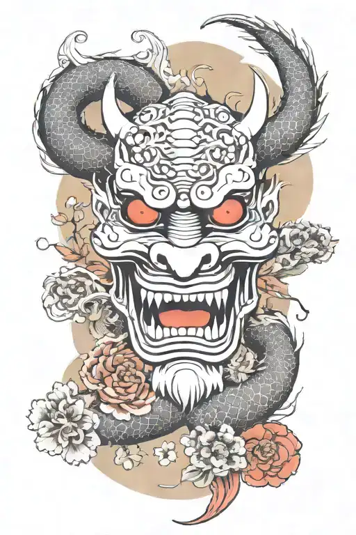 A Dragon Flying Around A Japanese Demon Mask With Flora Surrounding Them