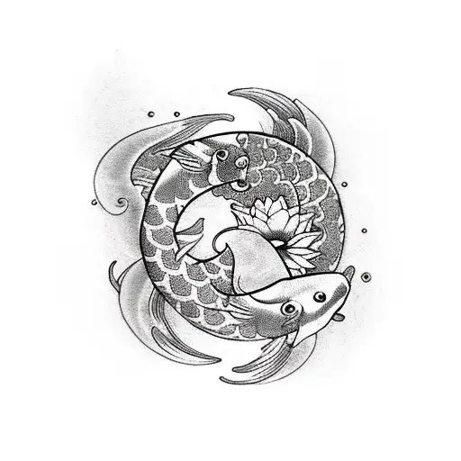 Koi Fish With Crescent Moon And Lotus Flower