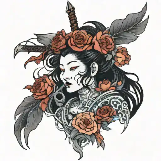 Goddess Of War With Wilting Rose Surrounded With Death And Rain