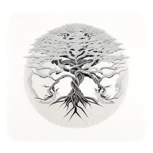 An Ancient Tree With Long Roots And Its Branches Represent Ying And Yang With And Without Leaves