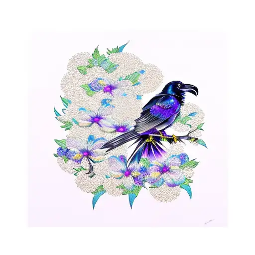 Raven With Purple Orchids And Blue Daisies Of Different Sizes