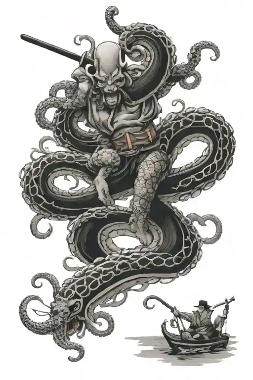 2 Samurai On A Bridge Fighting Giant Octopus