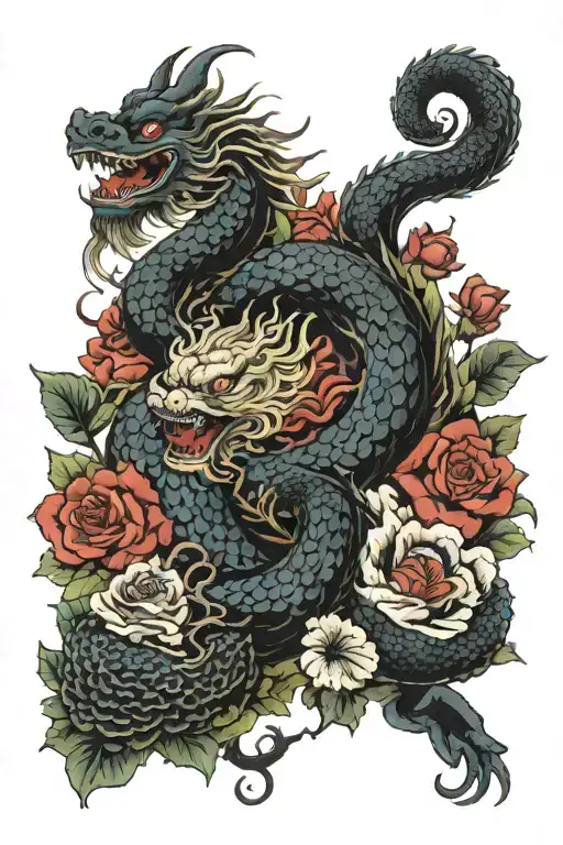 Chinese Dragon With Foo Dogs Guarding 5 Roses Mayflowers Hibiscus