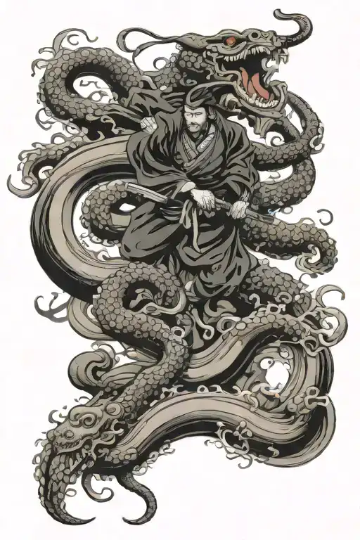 2 Samurai On A Bridge Fighting Giant Octopus