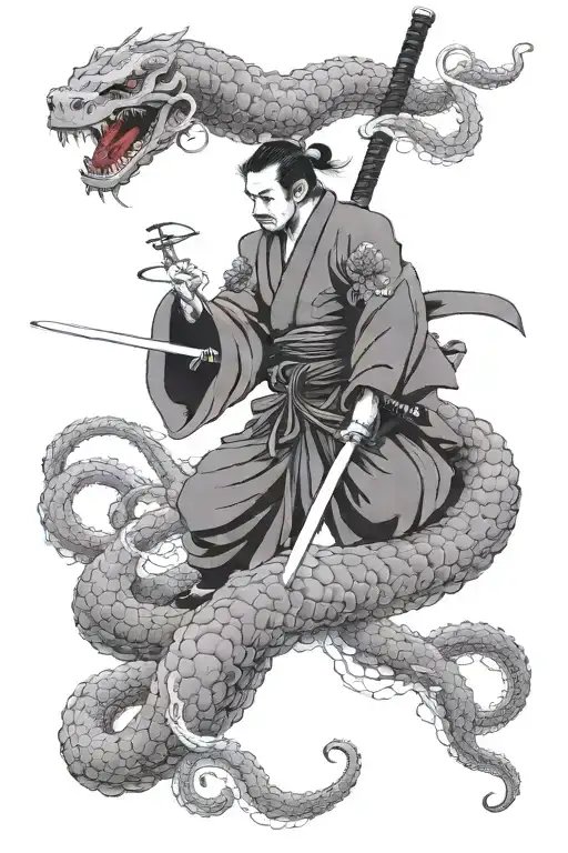2 Samurai On A Bridge Fighting Giant Octopus Tentacles